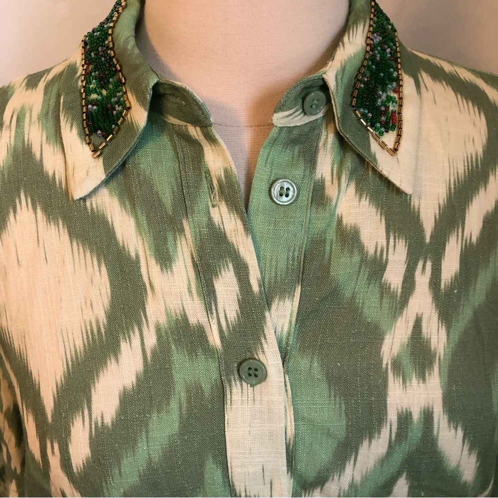 Zara Green & cream ikat pattern short sleeve w/beaded lapel collar Size Medium - Picture 4 of 14